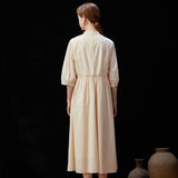 Famecoco 100% Cotton Midi Dress with Mandarin Collar