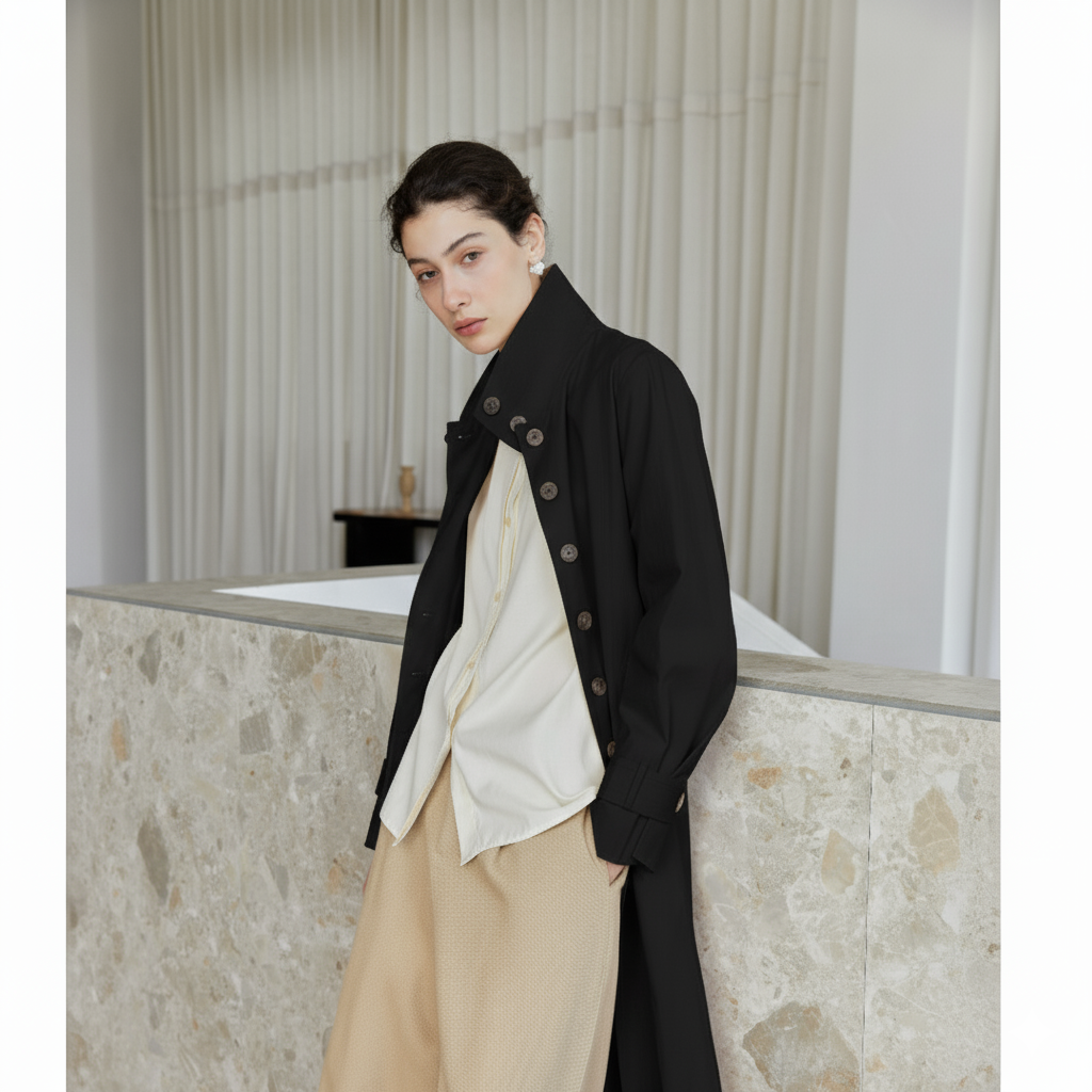 Famecoco Signature 100% Cotton High-Collar Trench Coat