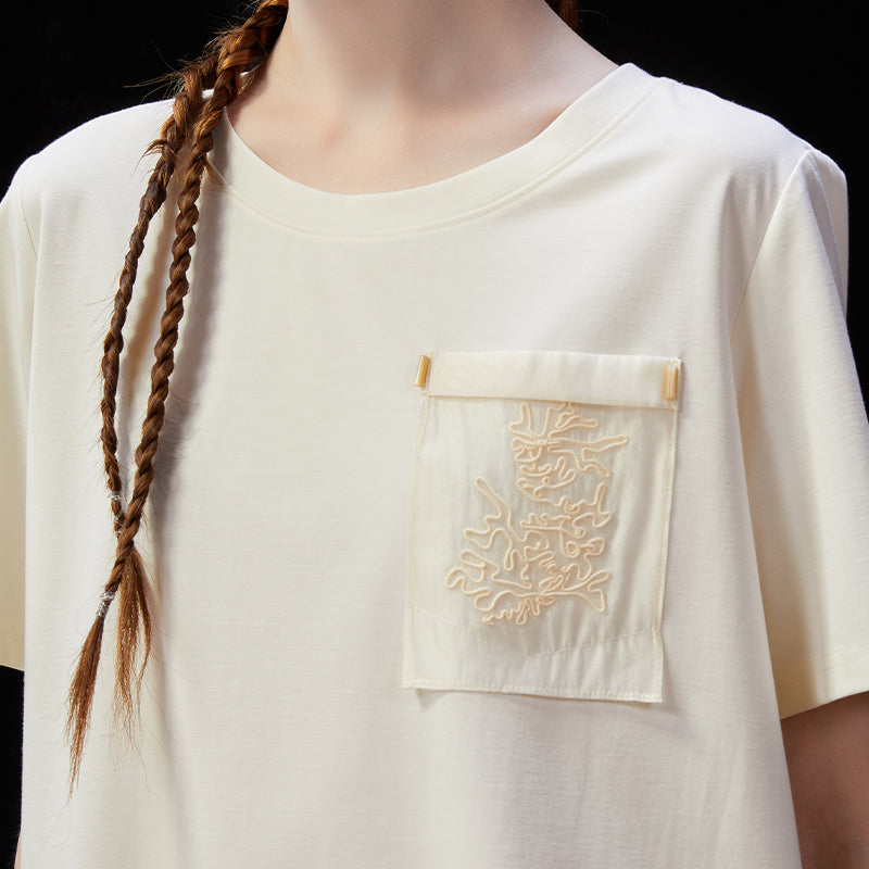 Famecoco Silk-Blend Embroidered Pocket T-Shirt