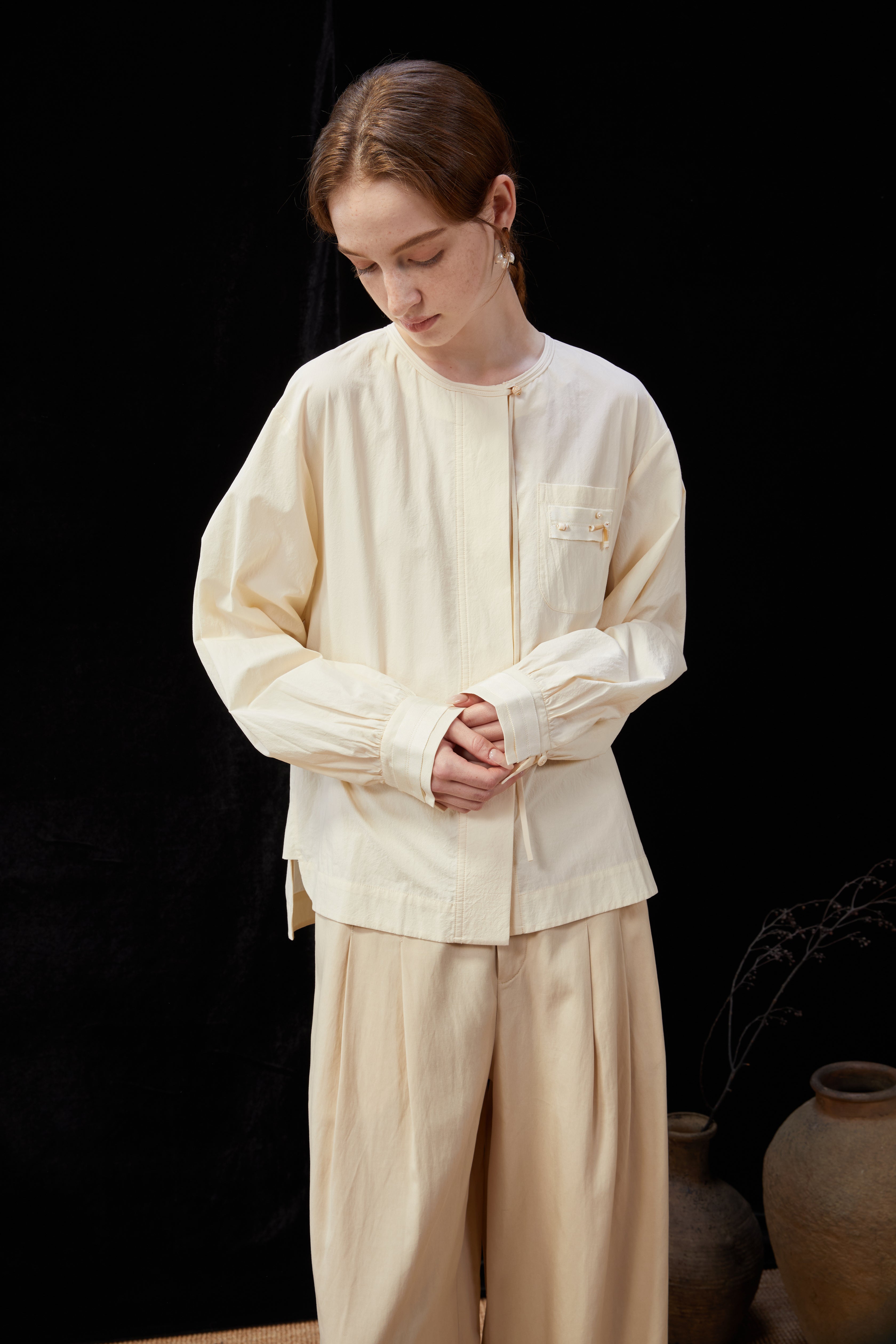 Famecoco Modern Cotton Shirt with Beaded Pocket