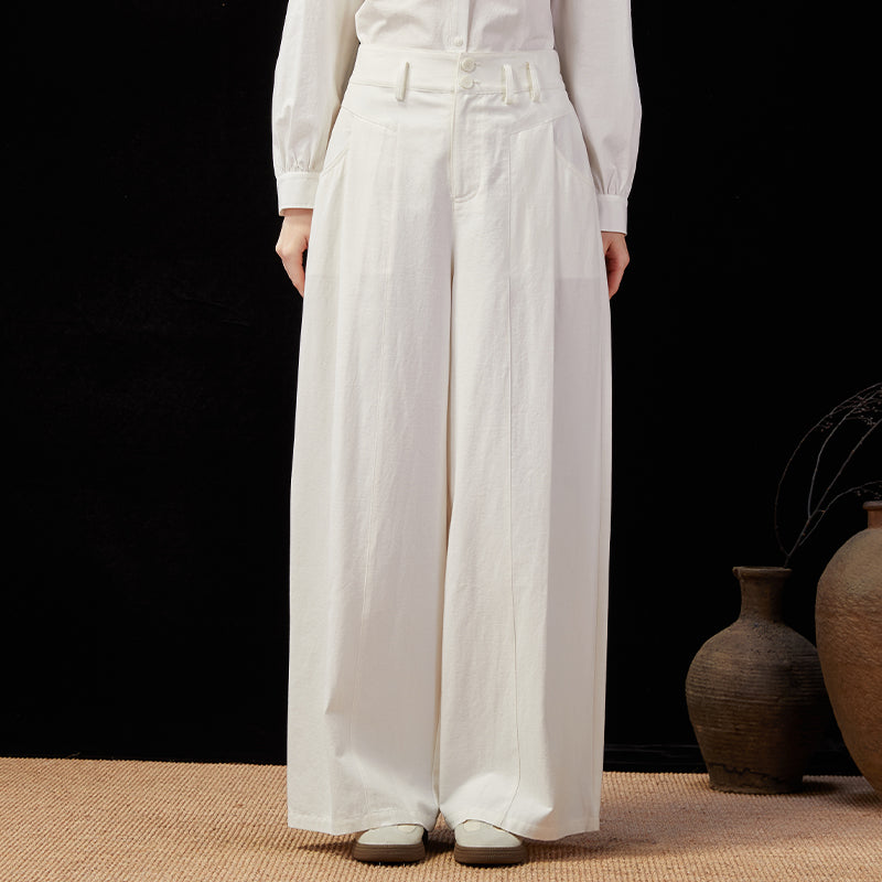 Famecoco Double Button High-Waist Wide-Leg Pants