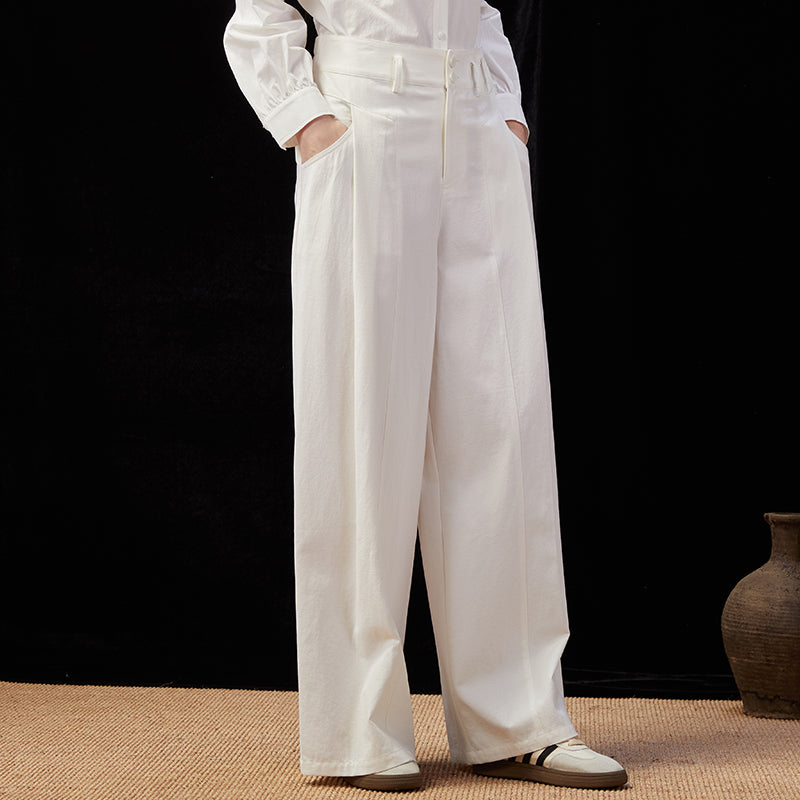 Famecoco Double Button High-Waist Wide-Leg Pants