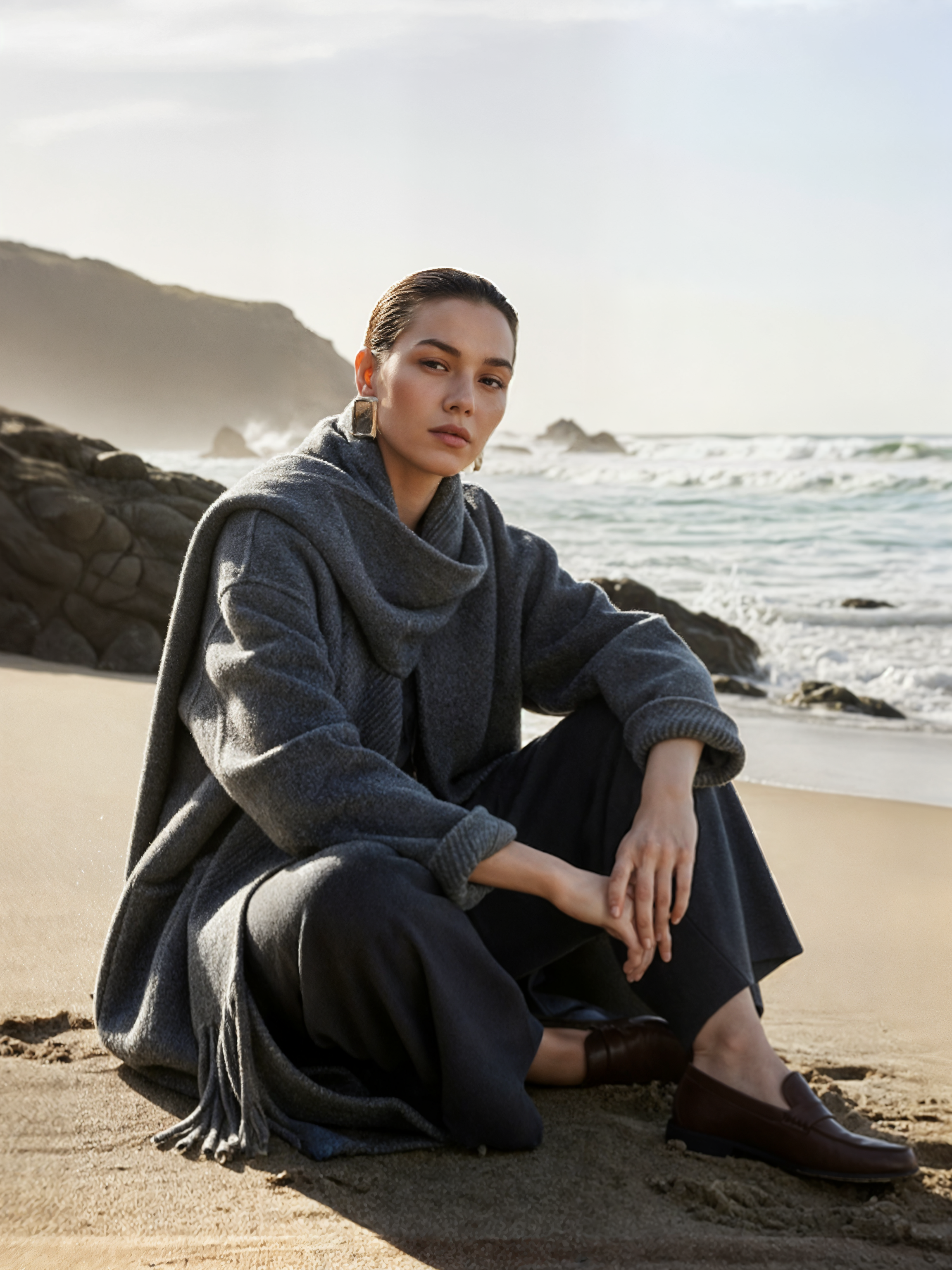 Famecoco Signature Scarf‑Neck Double‑Faced Wool Coat