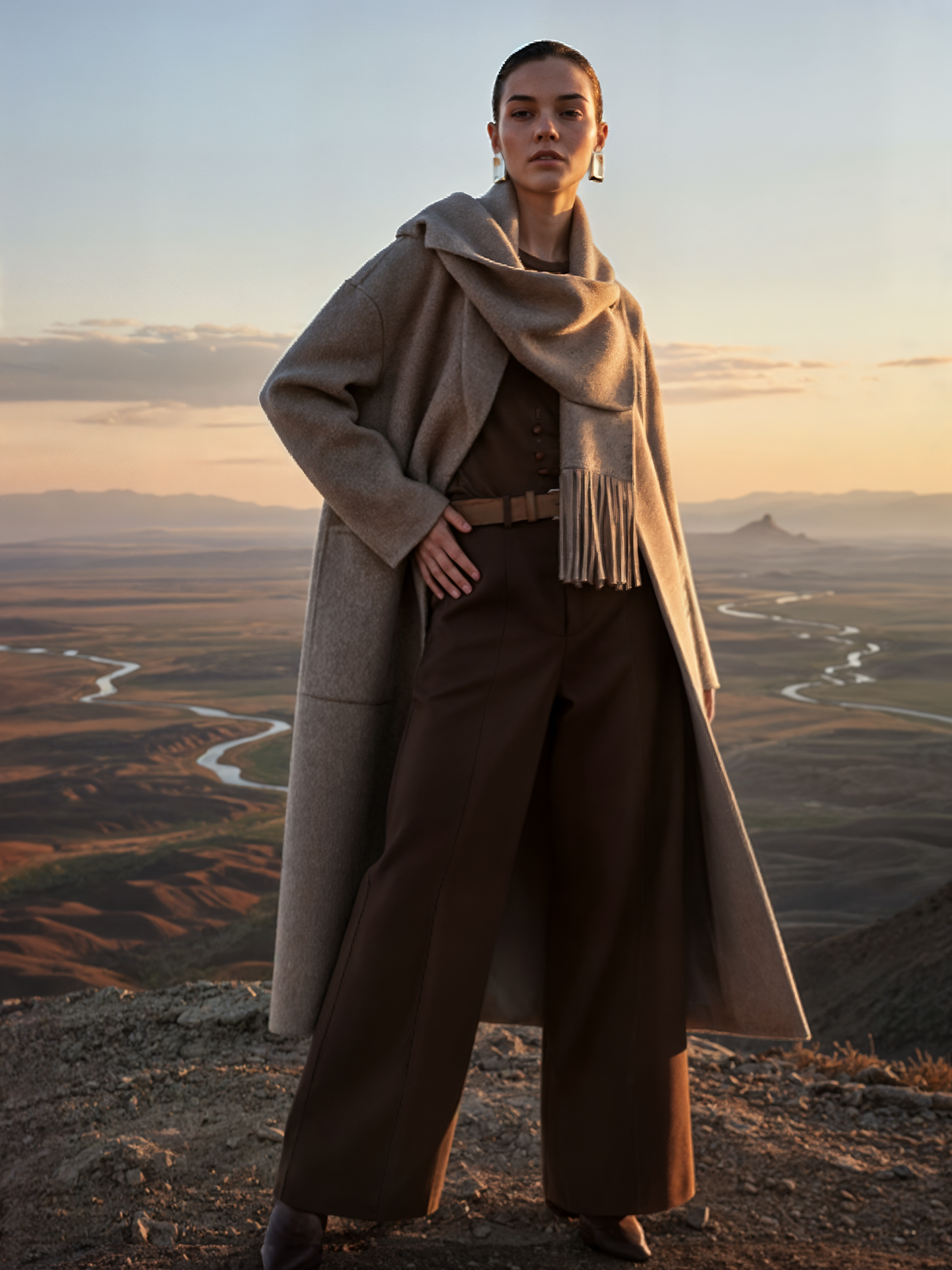 Famecoco Signature Scarf‑Neck Double‑Faced Wool Coat