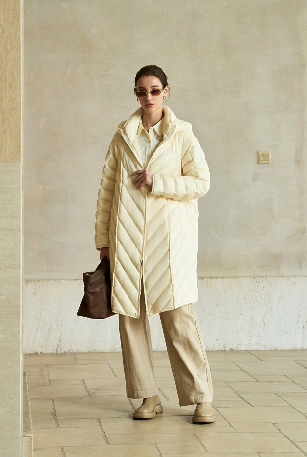 Person wearing a cream-colored puffer coat and sunglasses in an indoor setting.