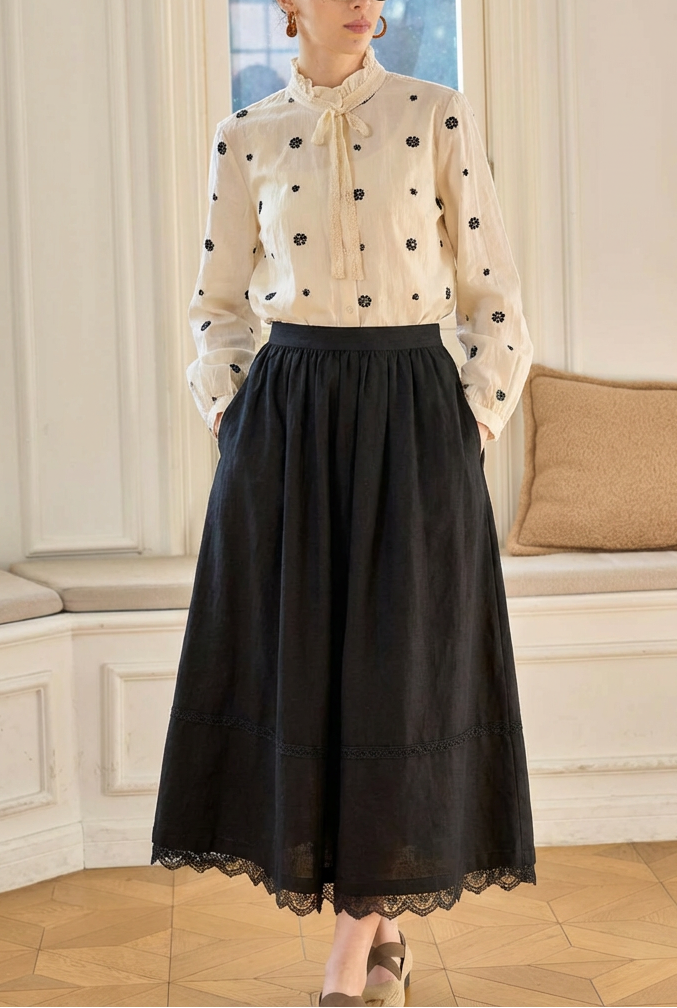 Famecoco Lace-Trim Midi Skirt