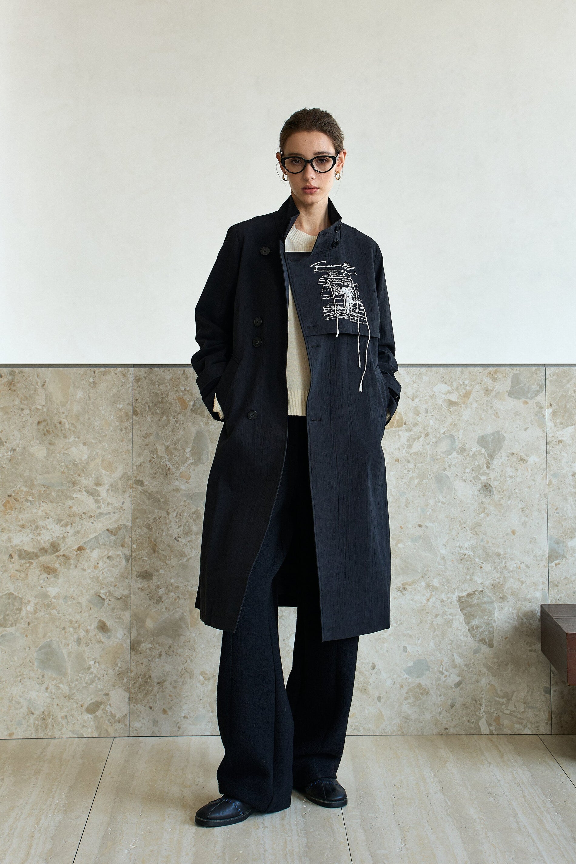 Famecoco  Art Line Embroidered Trench Coat