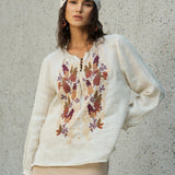 Famecoco Floral Embroidered Ramie Blouse