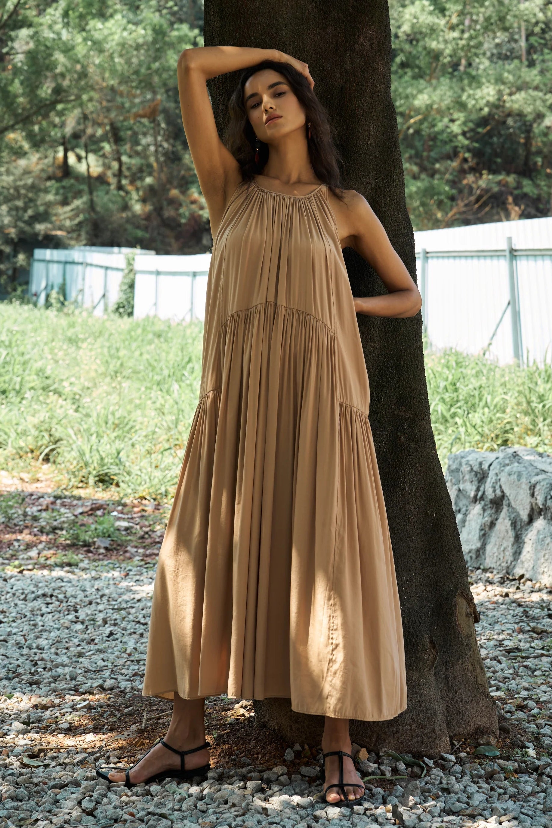 Lyocell Tiered Maxi Dress L / Navy Blue