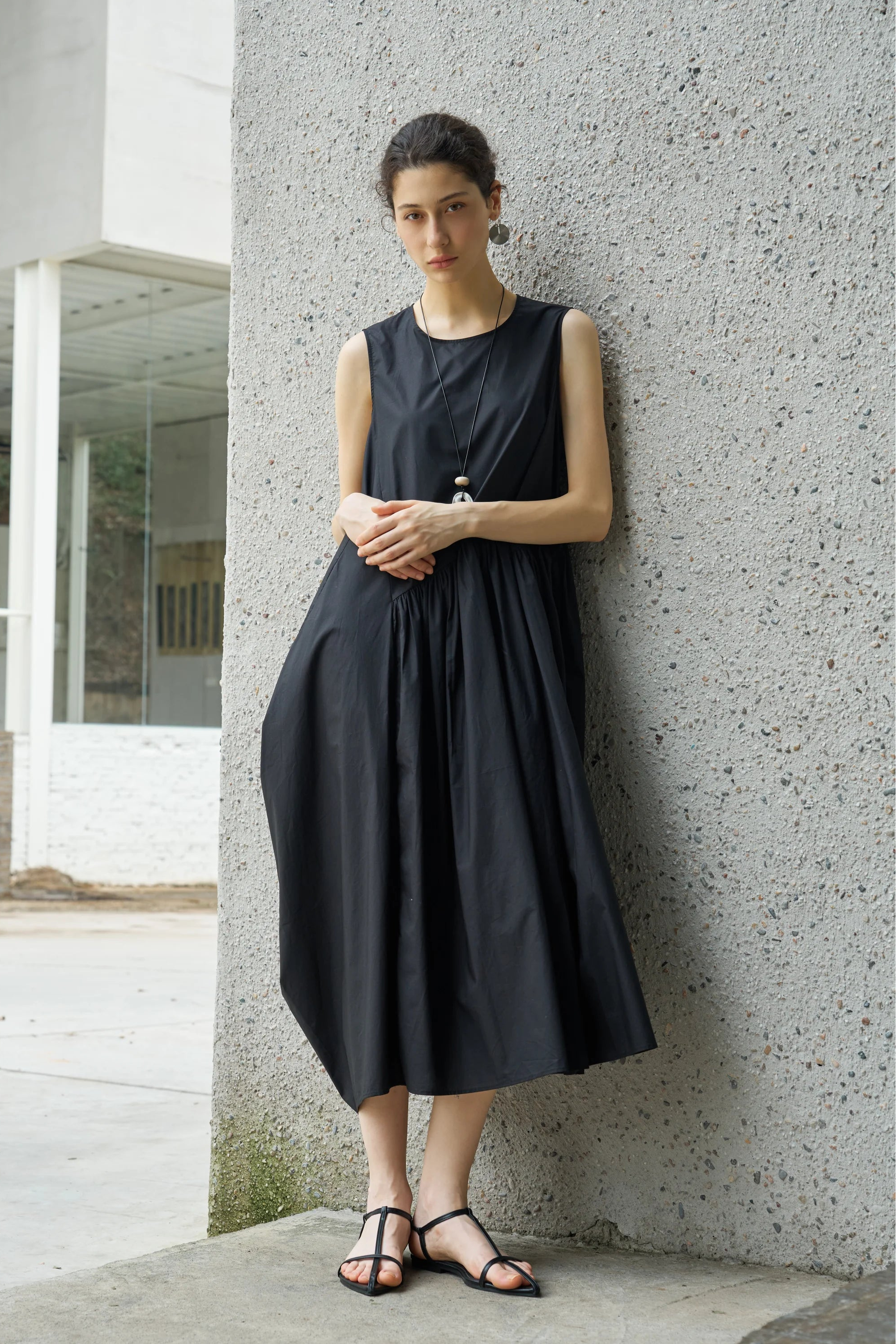Asymmetric Cotton Midi Dress L / Black