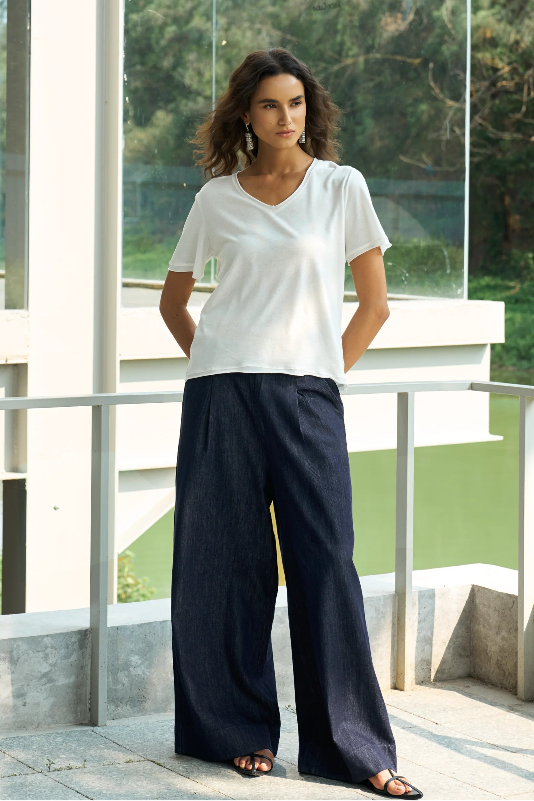 Famecoco Pleated Denim Wide Leg Pants
