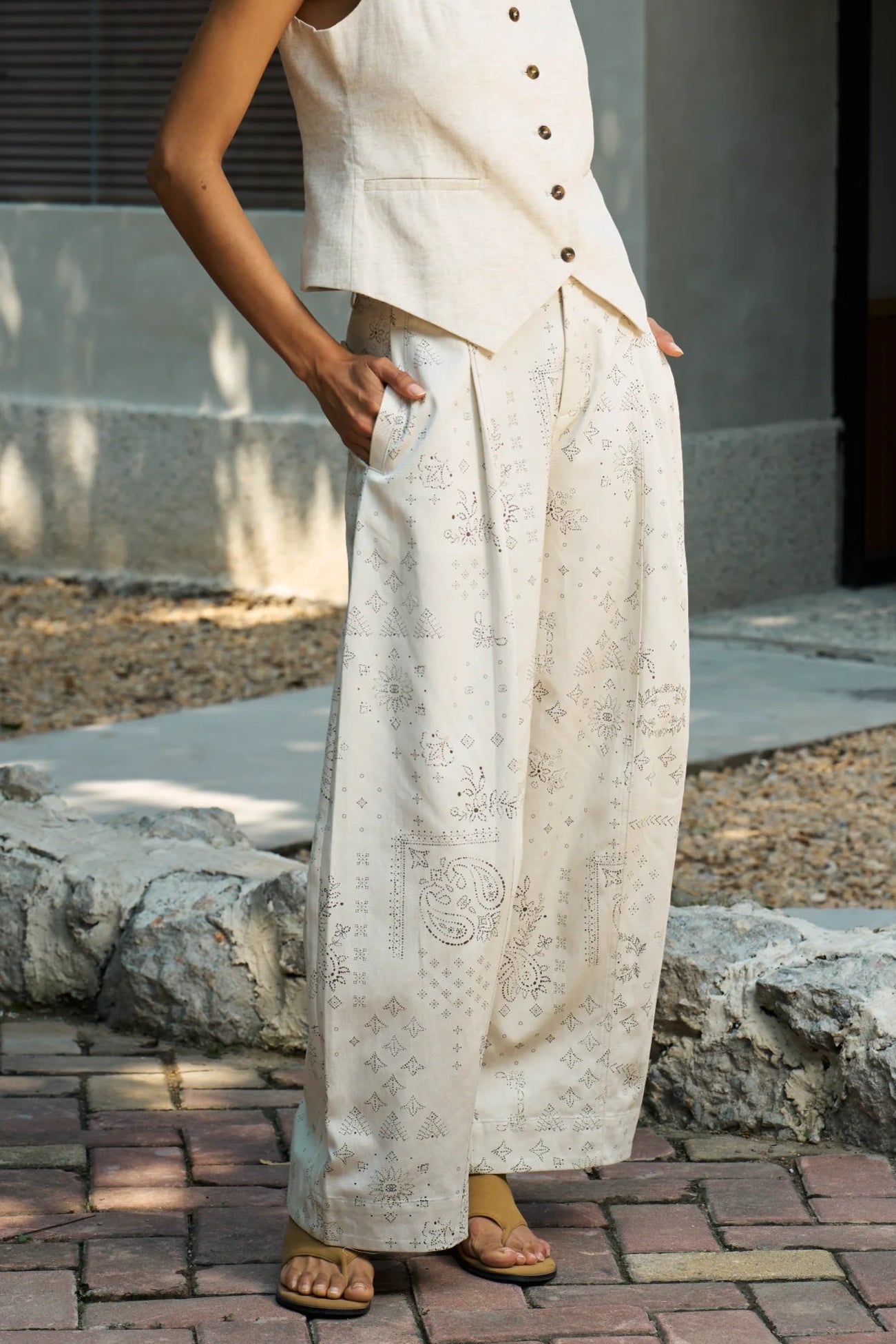 Famecoco Printed Cotton Lyocell Wide Leg Pants