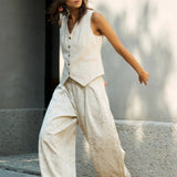 Famecoco V Neck Cotton Linen Vest