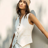 Famecoco V Neck Cotton Linen Vest