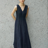 Famecoco Denim V-Neck Midi Dress