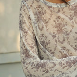 Famecoco Sheer Mesh Floral Print Top