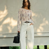 Famecoco Sheer Mesh Floral Print Top
