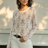 Famecoco Sheer Mesh Floral Print Top