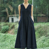 Famecoco Denim V-Neck Midi Dress