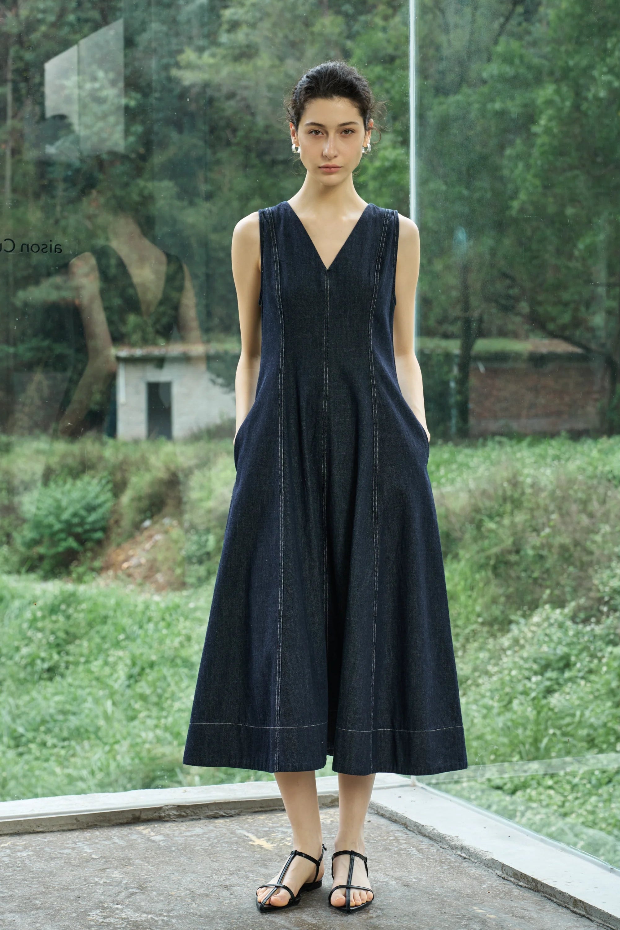 Denim V-Neck Midi Dress, Denim Blue / XL