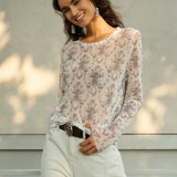 Famecoco Sheer Mesh Floral Print Top