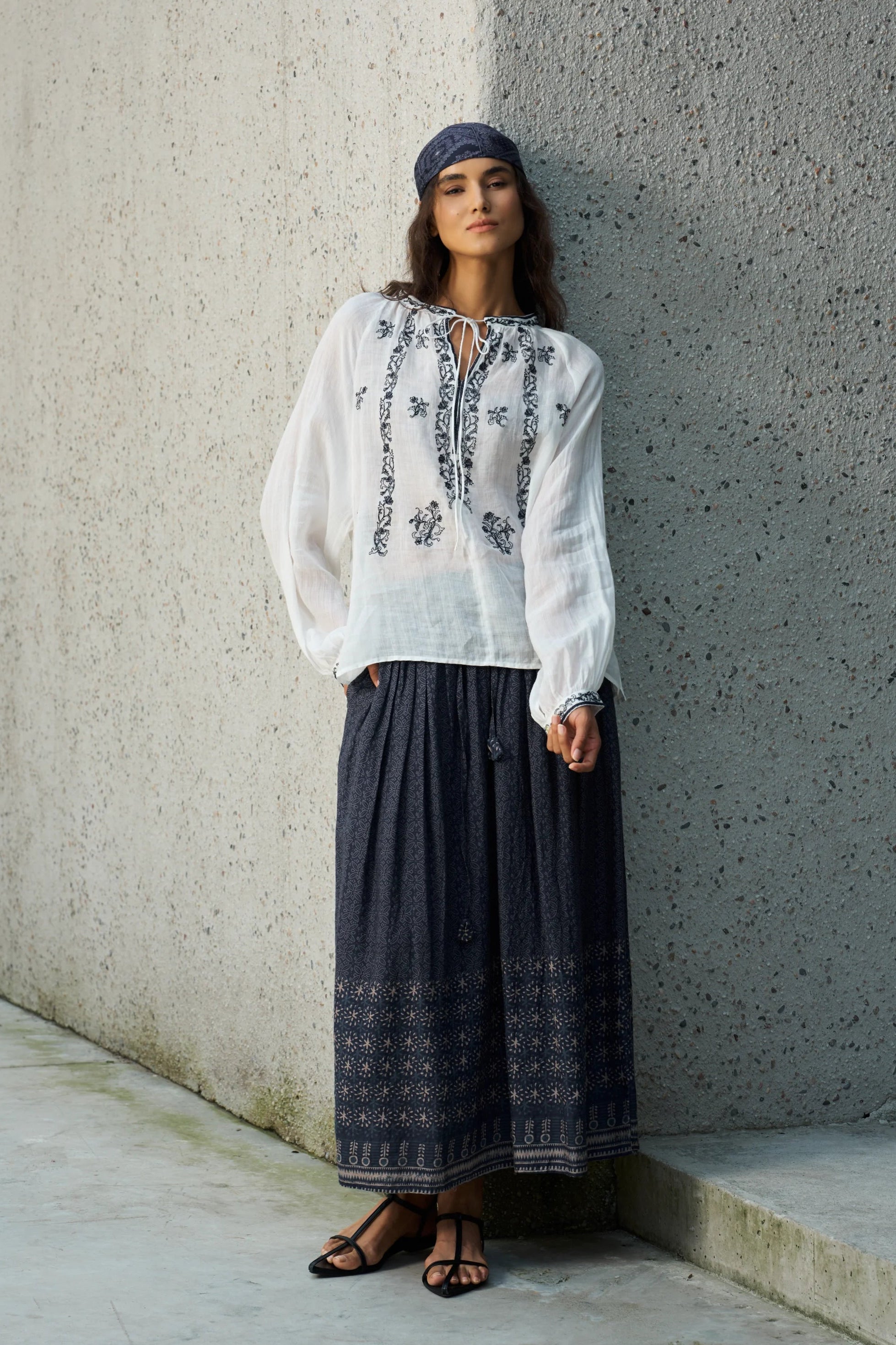 Famecoco Folk-Print Cotton Midi Skirt