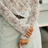 Famecoco Sheer Mesh Floral Print Top