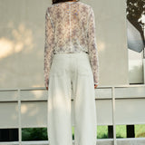 Famecoco Sheer Mesh Floral Print Top