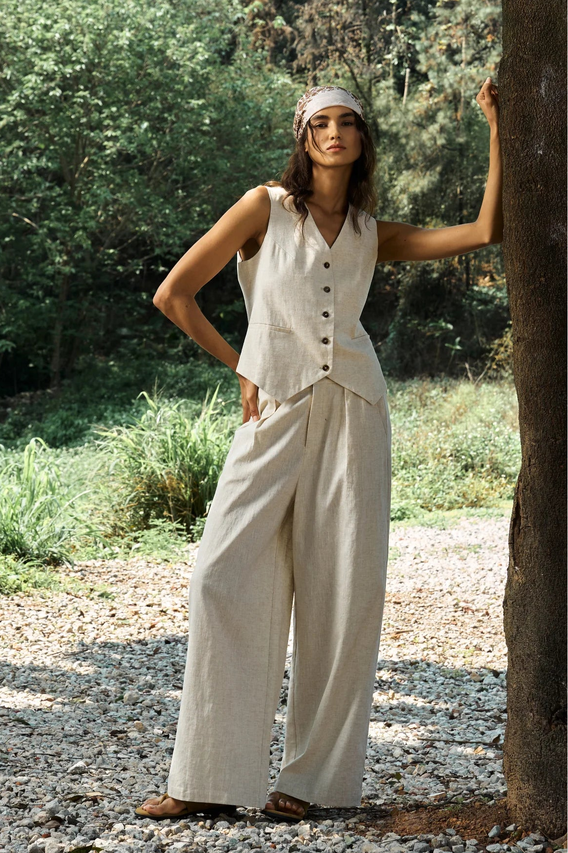 Famecoco Wide-Leg Cotton-Linen Pants