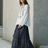 Famecoco Folk-Print Cotton Midi Skirt