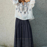 Famecoco Folk-Print Cotton Midi Skirt