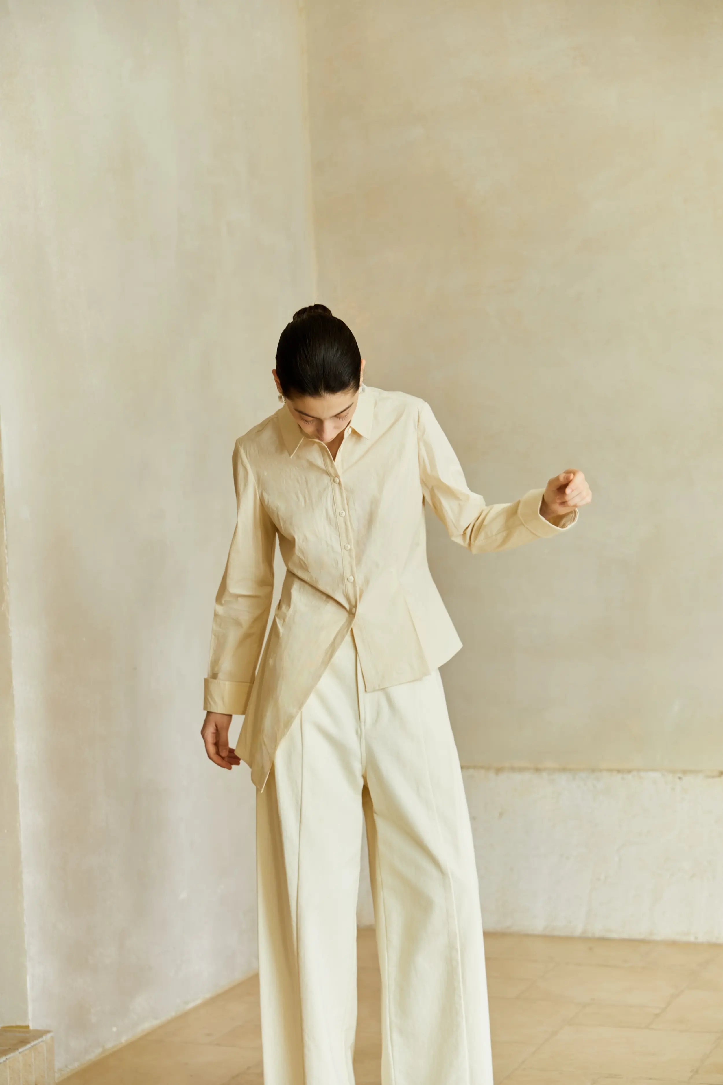 Famecoco Cotton‑Stretch Asymmetric Shirt