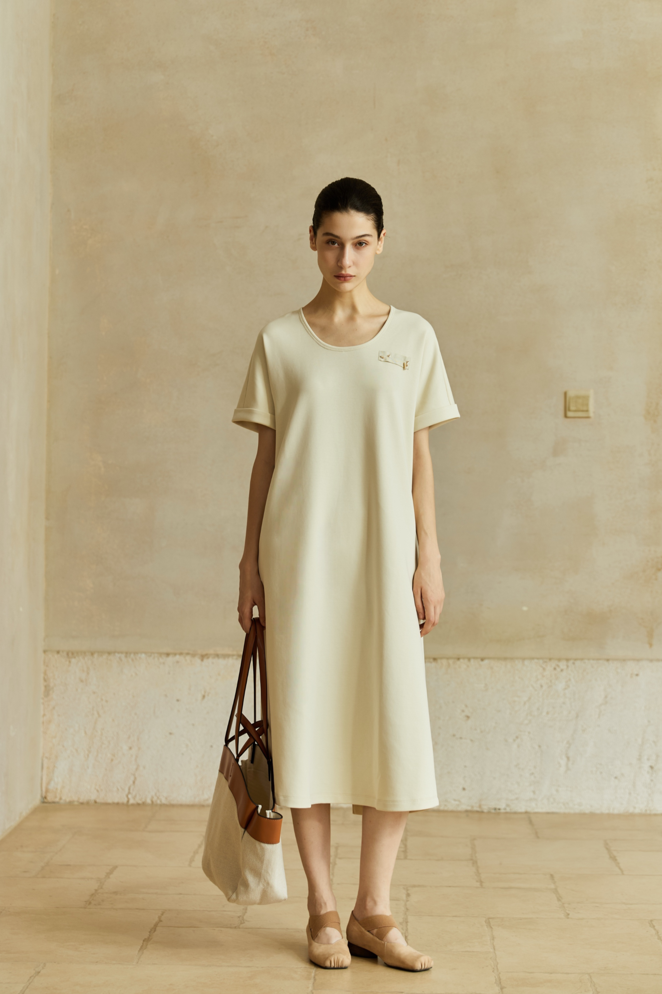 Famecoco Minimalist Stretch Cotton Midi Dress