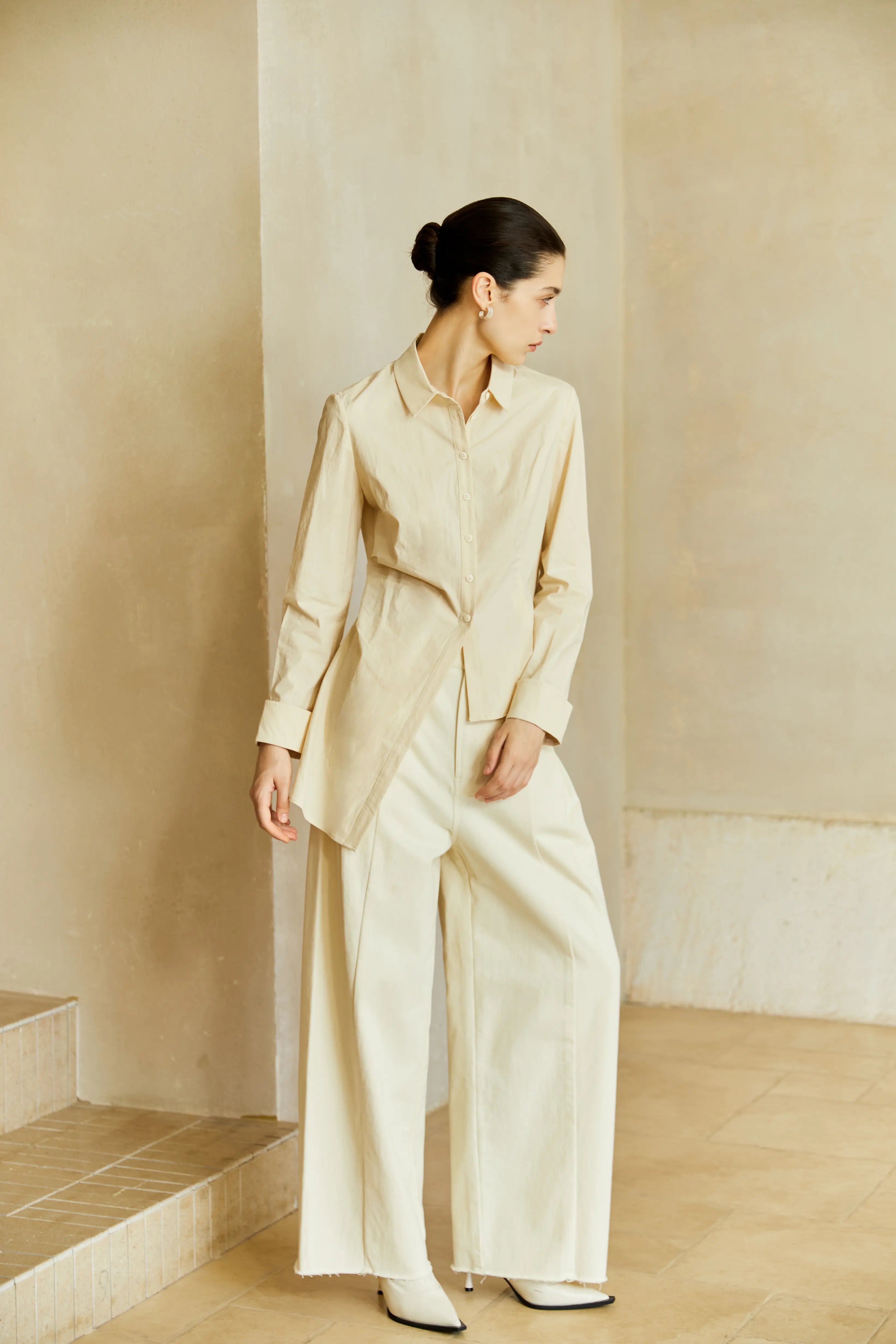 Famecoco Cotton‑Stretch Asymmetric Shirt