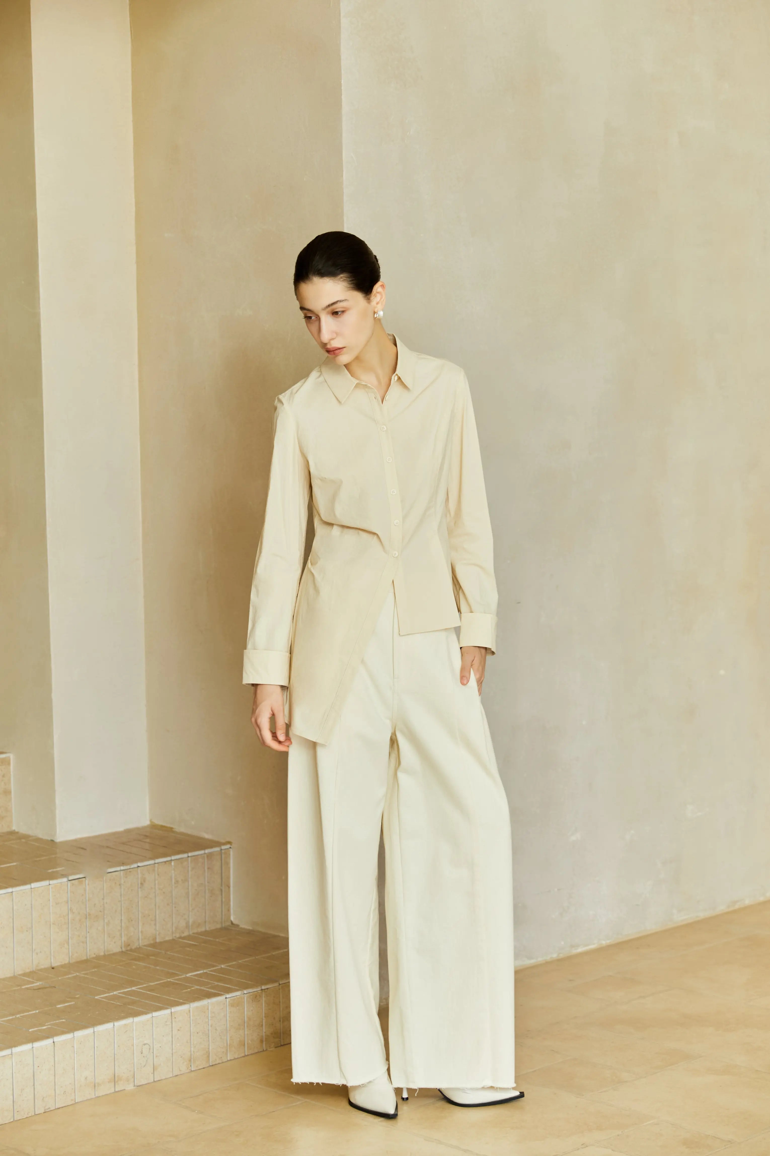 Famecoco Cotton‑Stretch Asymmetric Shirt