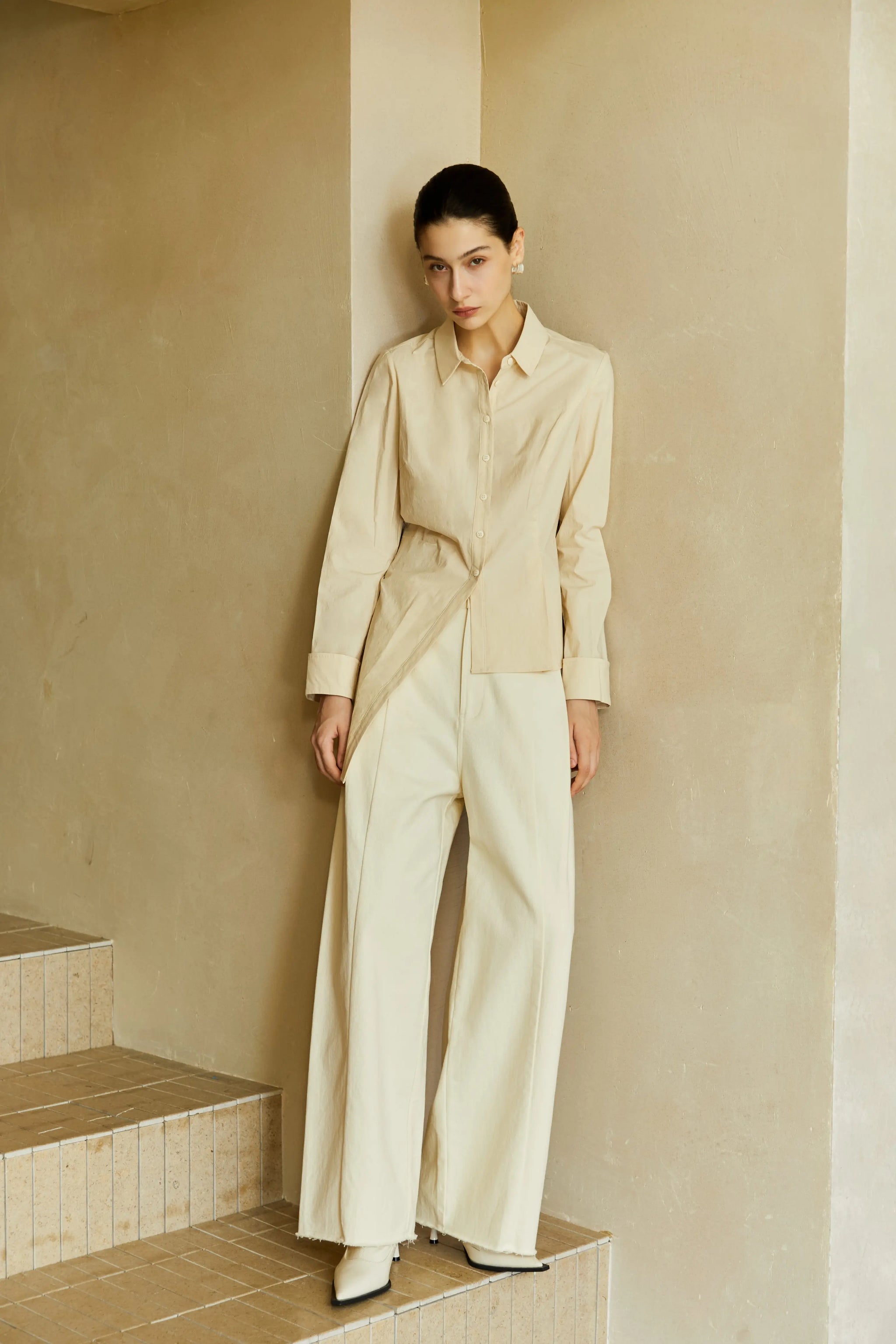 Famecoco Cotton‑Stretch Asymmetric Shirt