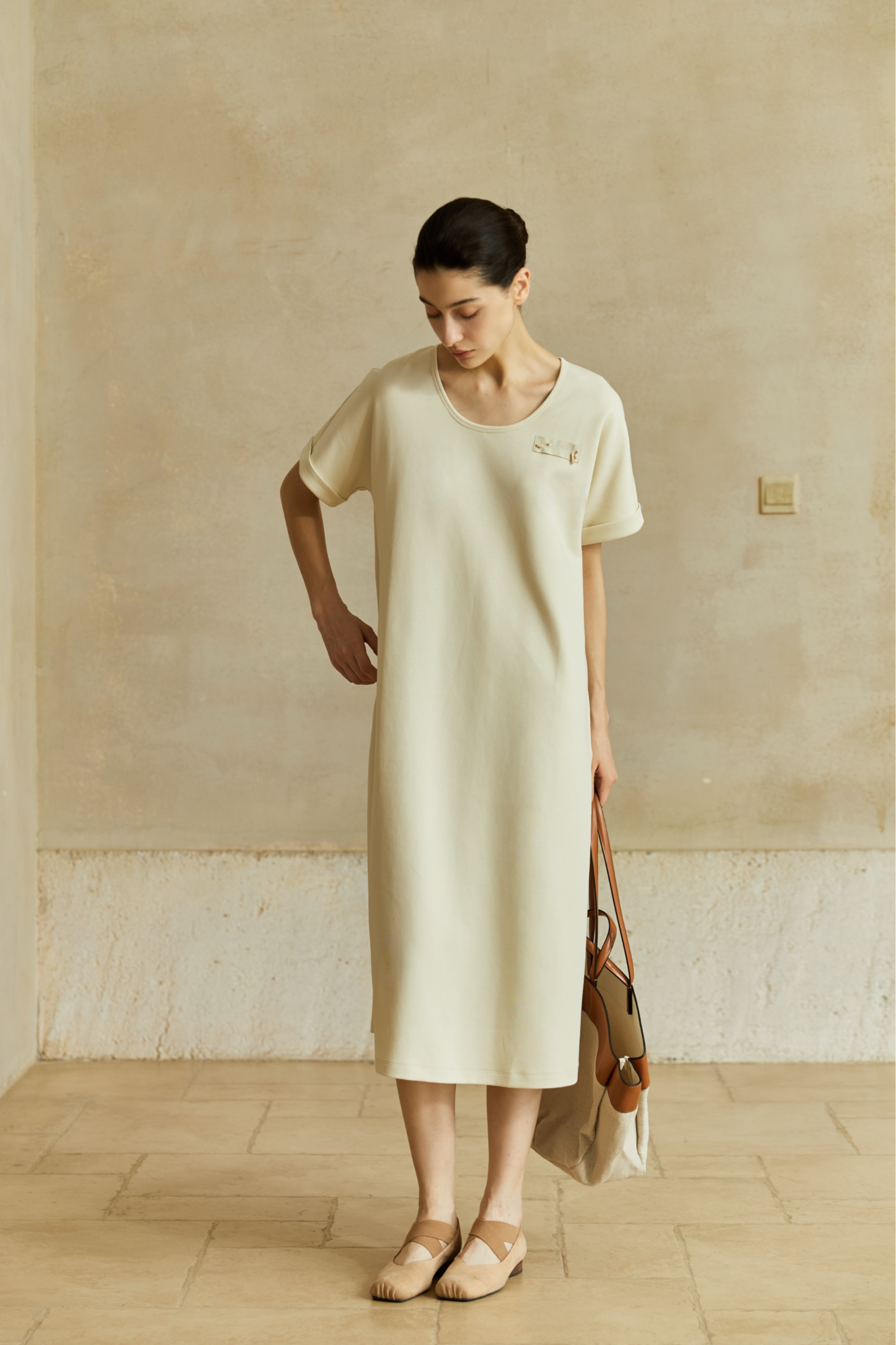 Famecoco Minimalist Stretch Cotton Midi Dress