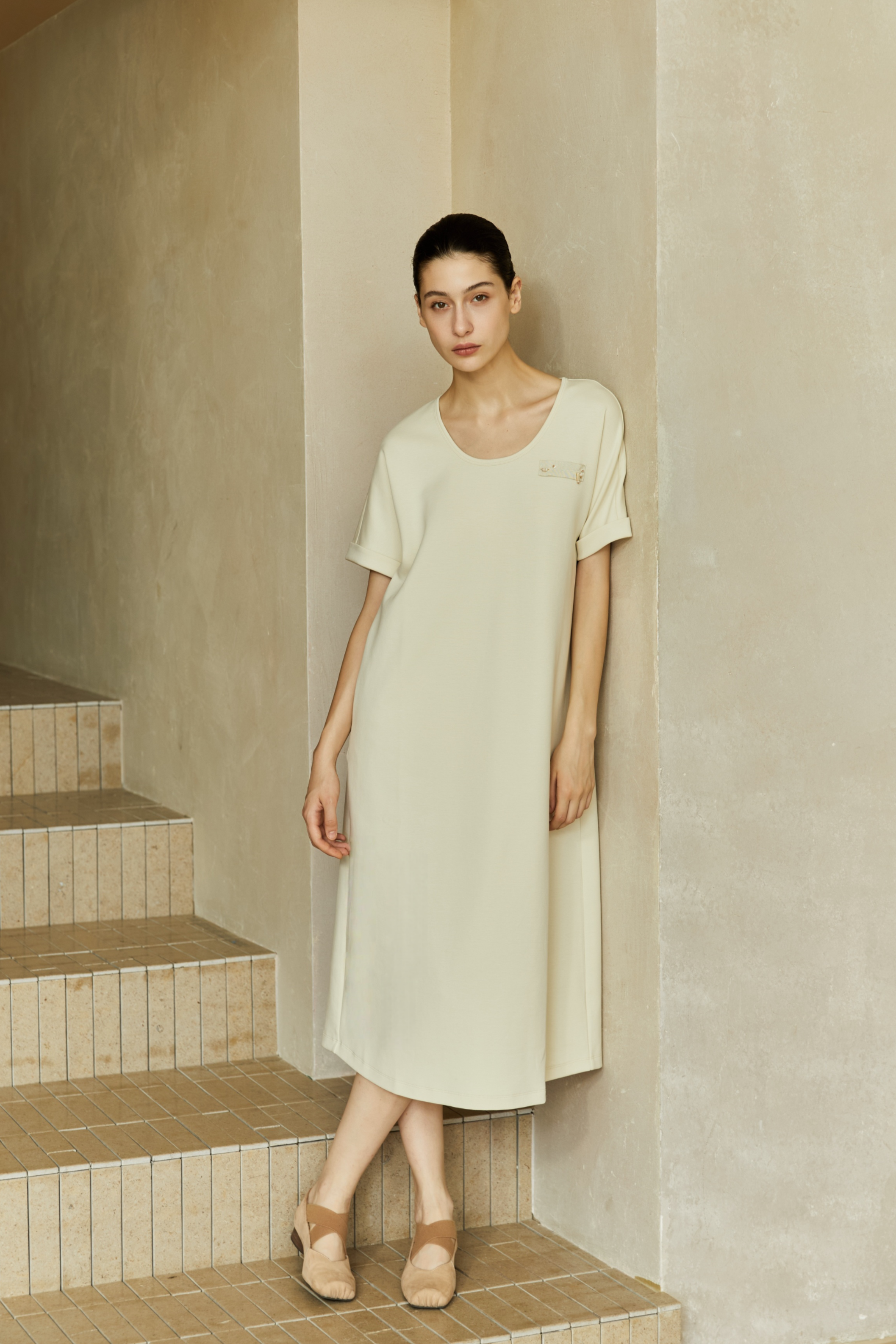 Famecoco Minimalist Stretch Cotton Midi Dress