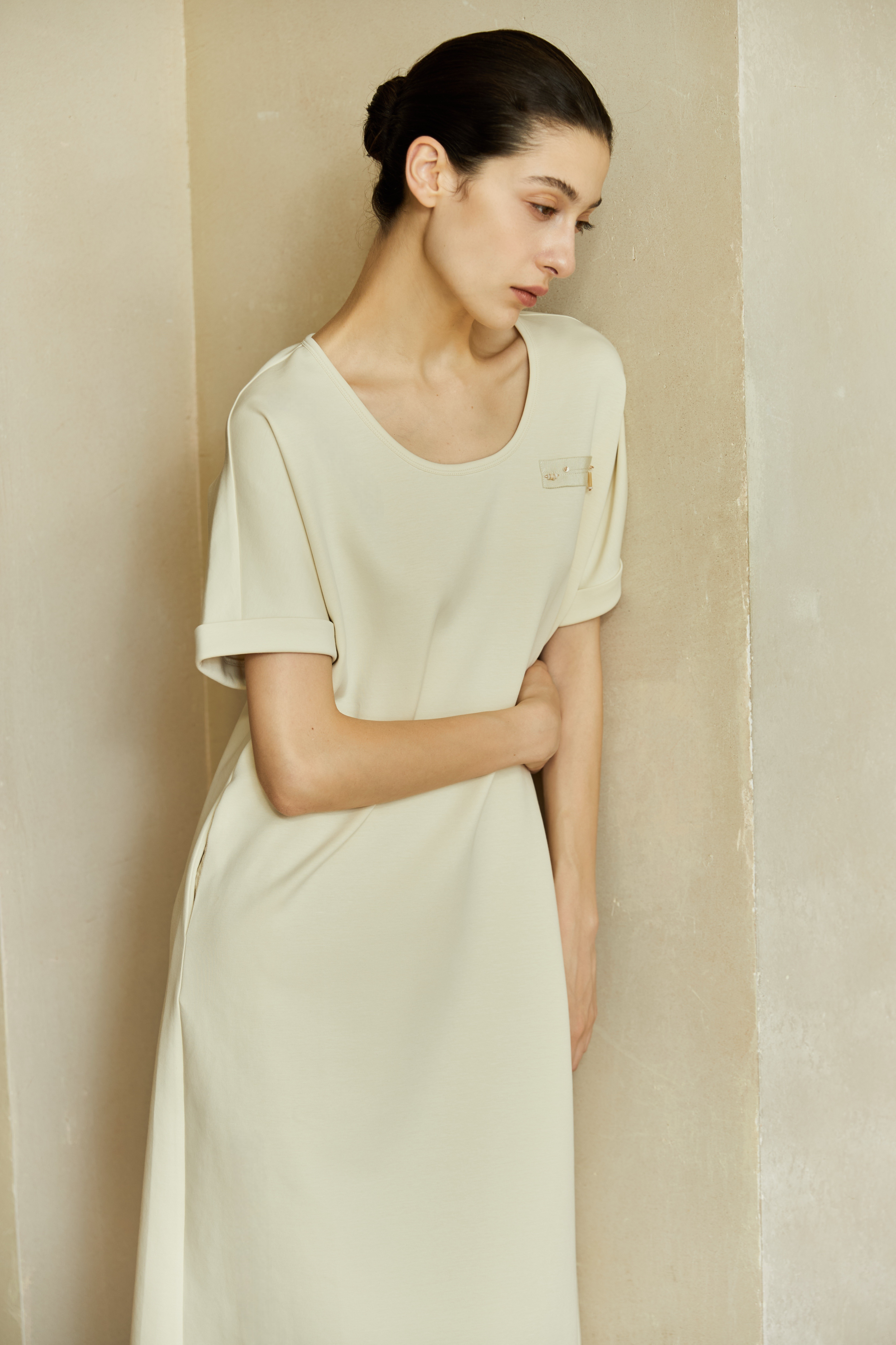 Famecoco Minimalist Stretch Cotton Midi Dress