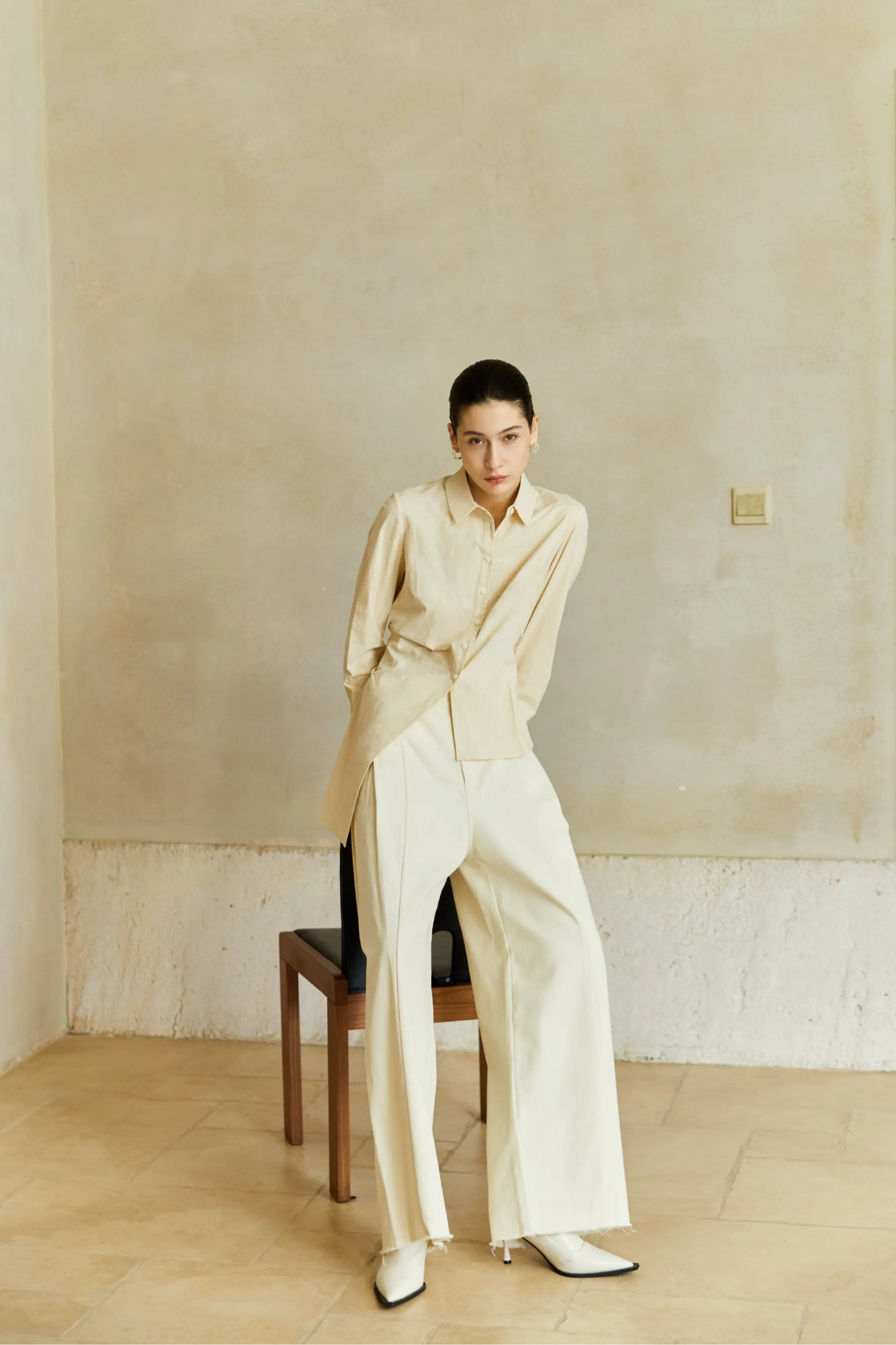 Famecoco Cotton‑Stretch Asymmetric Shirt