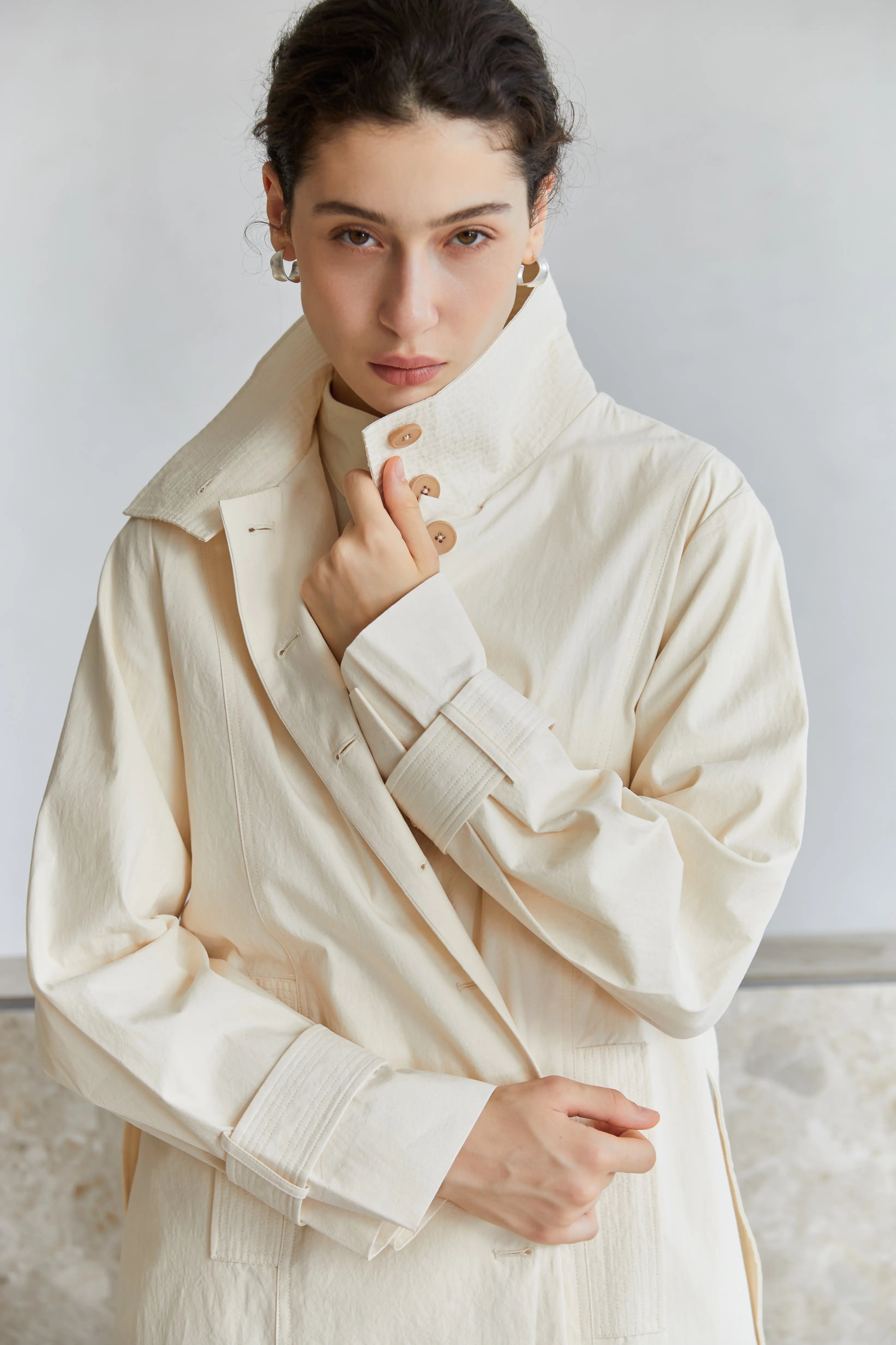 Famecoco Signature 100% Cotton High-Collar Trench Coat