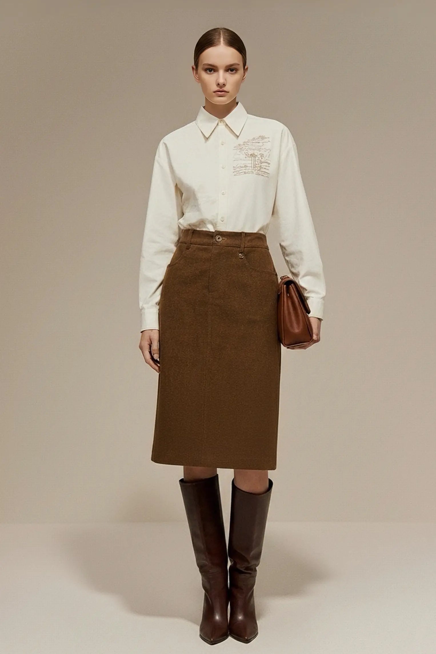 Famecoco 100% Cotton High-Waist Straight Skirt