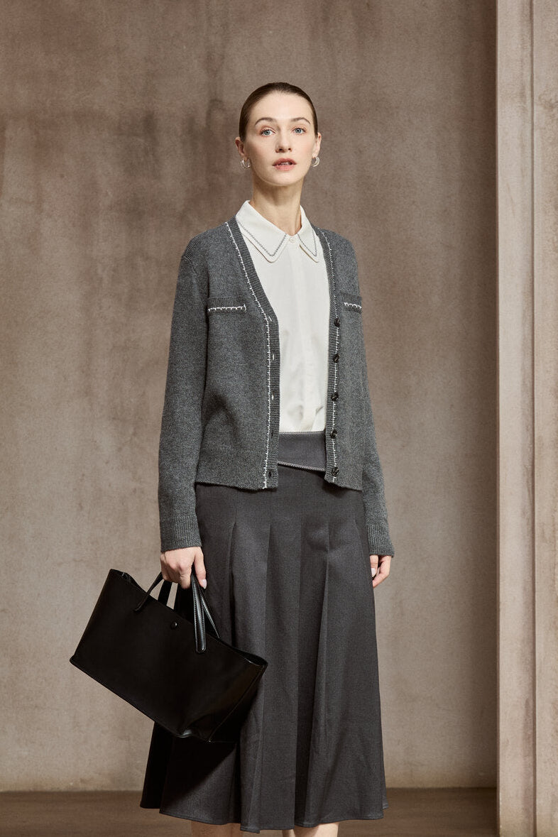 Famecoco Gold-Thread Wool Blend V-Neck Cardigan