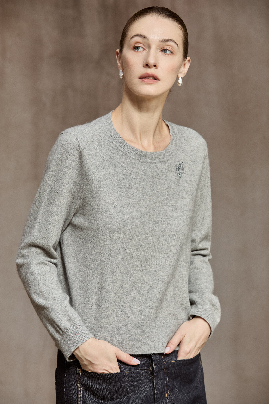 Famecoco Soft Wool Blend Pullover with Bead Detail