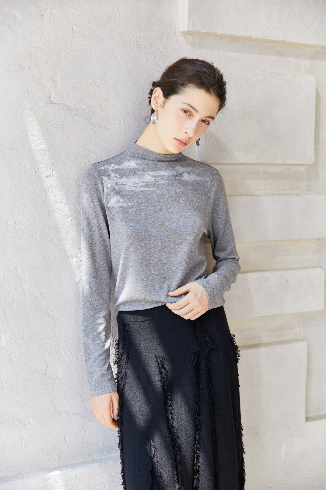 Famecoco Ink Landscape Mock Neck Base Layer Top