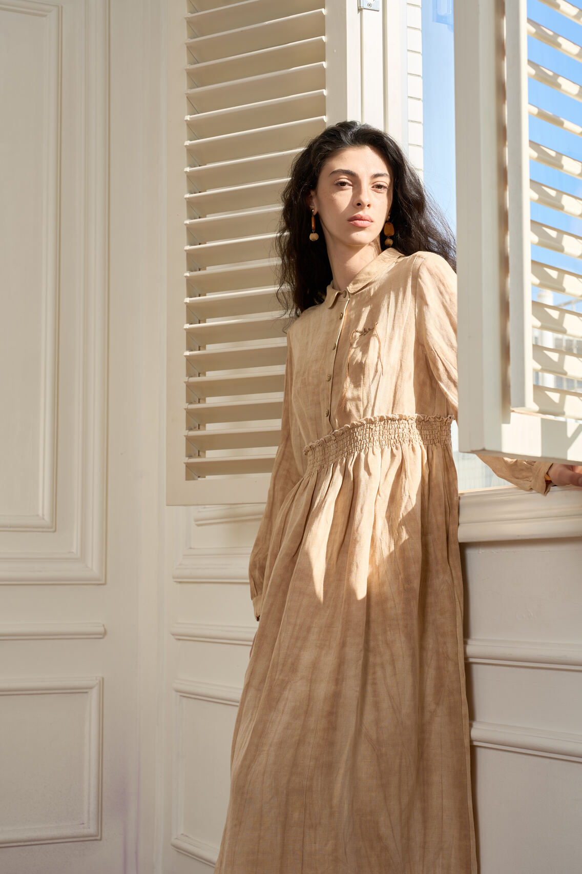 linen mix shirt dress AE Linen-Blend Button-Up Midi Shirt Dress
