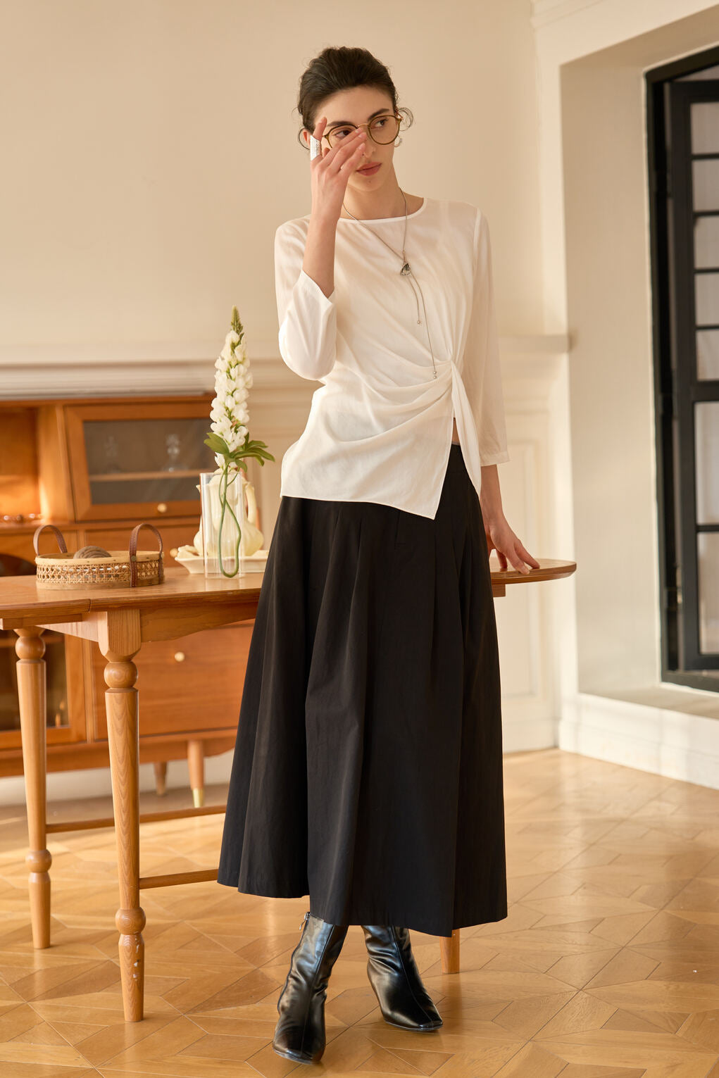 Famecoco Pleated Cotton Midi Skirt