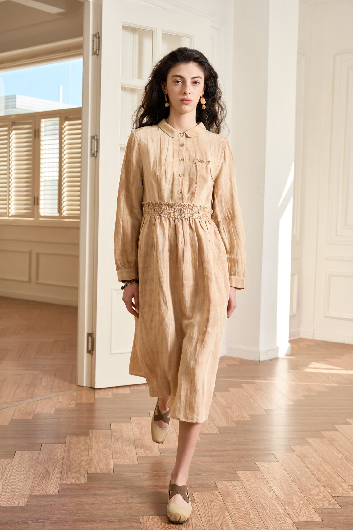 cream linen shirt dress Organic Linen Shirt Dress: Long Sleeve Boho Tunic With Pockets