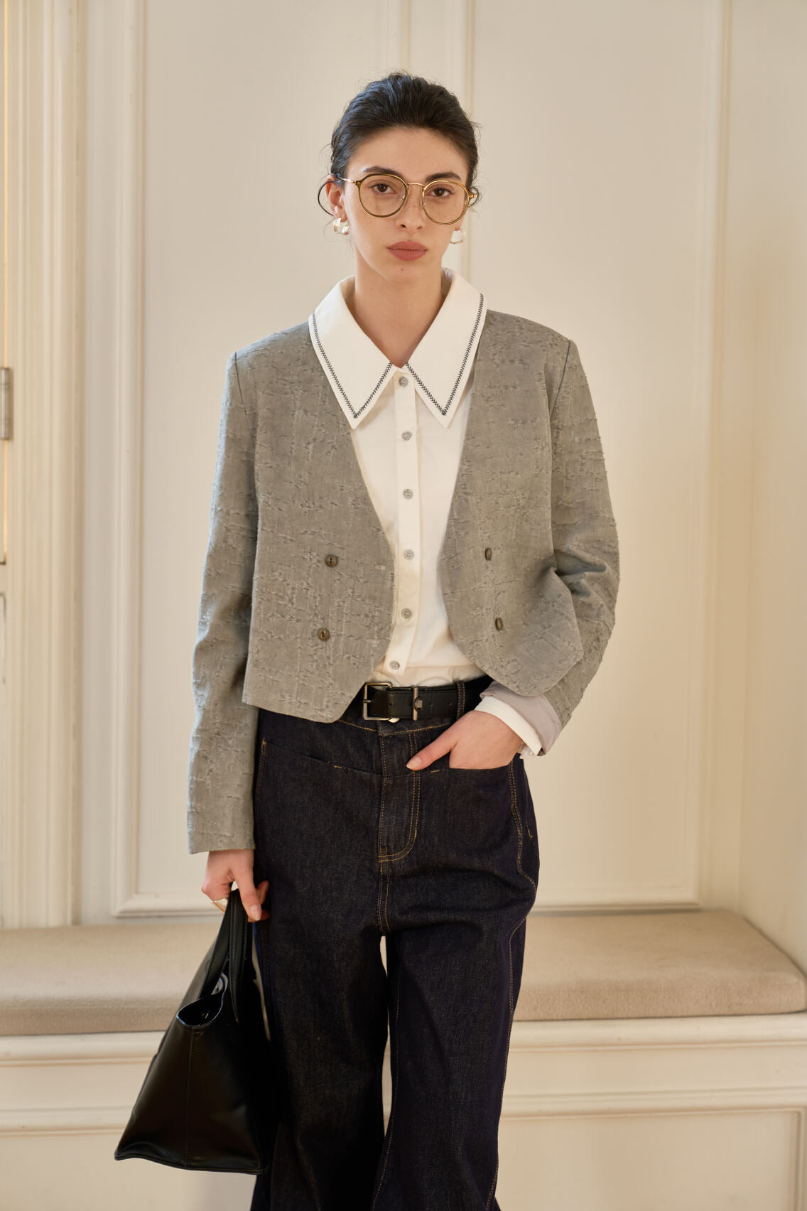 Famecoco Double‑Breasted Cropped Jacket