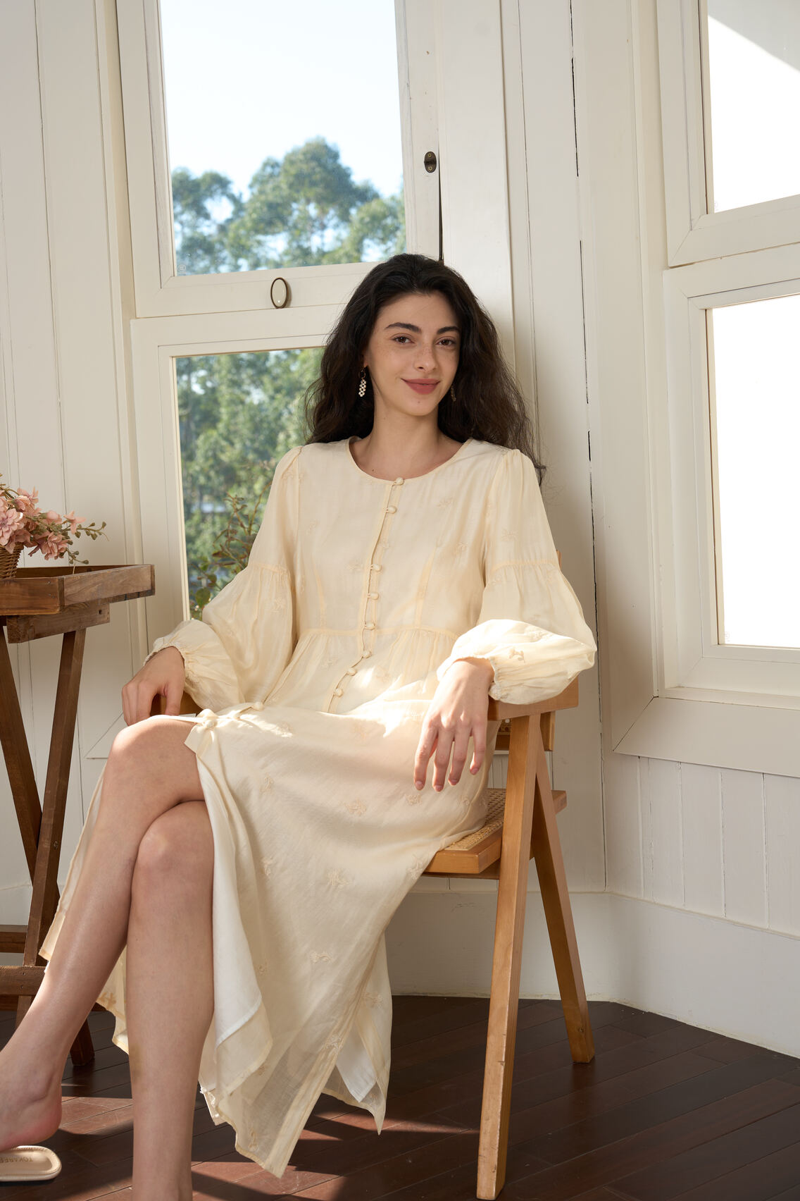 Famecoco Buttoned Embroidered Midi Dress XL / Apricot Famecoco Buttoned Embroidered Midi Dress XL / Apricot